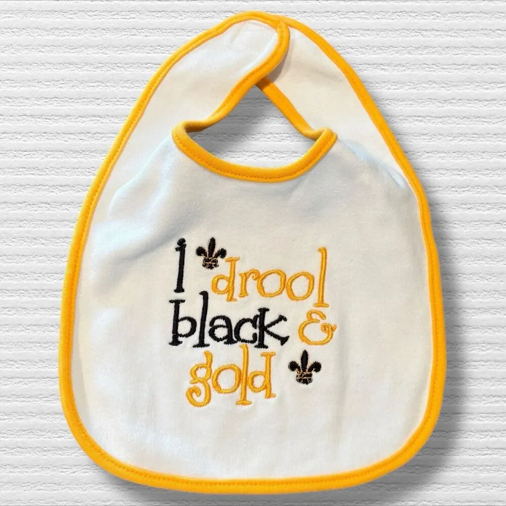 New Orleans Saints Embroidered “I Drool Black & Gold” Bib With Fleur Du La NWOT